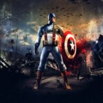 A superhero, Captain America, stands in a dramatic pose. He wears his iconic blue and red suit, with a white star on his chest. He holds a red and white shield with a white star in the center. The background is dark and chaotic, with smoke, debris, and a flag visible. There are also smaller figures in the background, possibly soldiers or other characters. The overall mood is intense and action-packed.